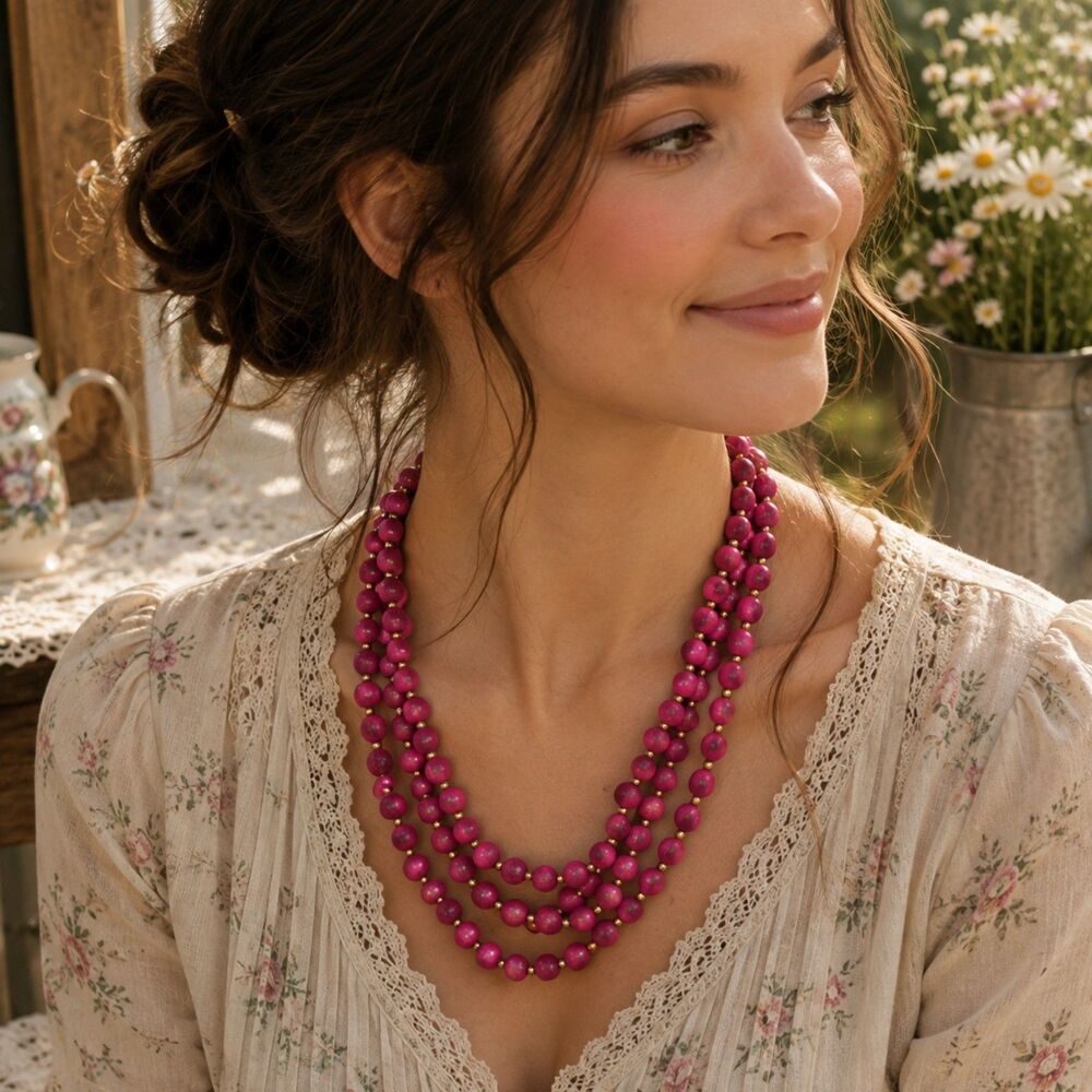 Vintage Pink Wood Bead Multi Strand Necklace, Boho Cottagecore Statement Jewelry